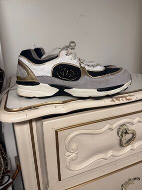 CHANEL Gray Black White Gold Leather & Suede Logo Trainer